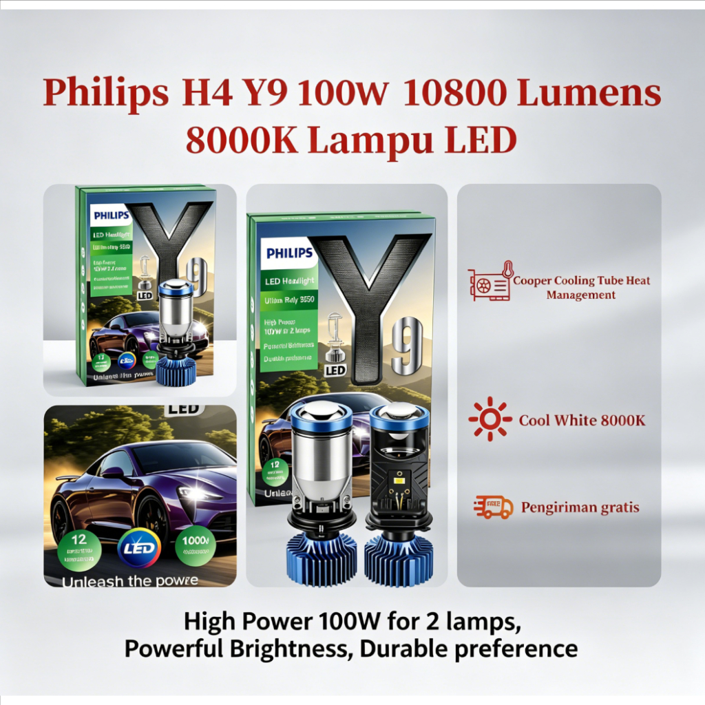 Philips H4 Y9 100W 10800 Lumens 8000K Lampu LED Mobil