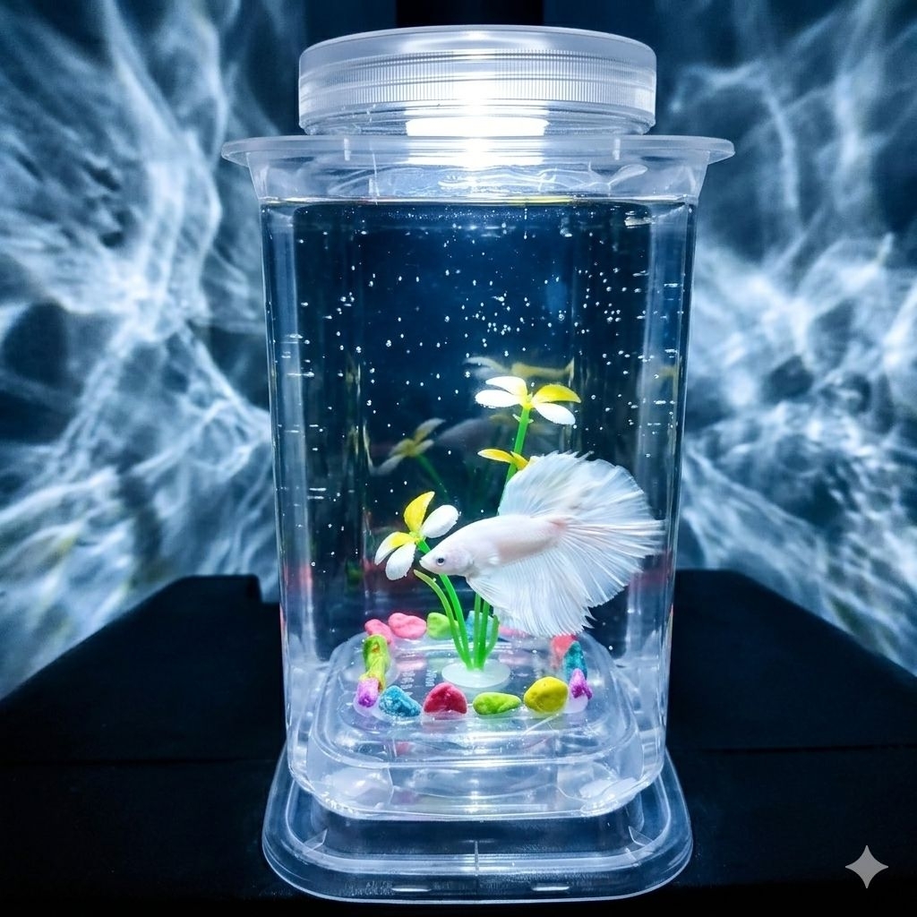 Aquarium Mini Ikan Cupang full Set Dengan Hiasan Dan Lampu Warna