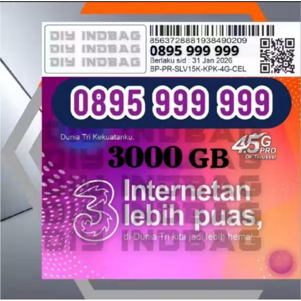 PROMO kartu perdana tri 3 nomor cantik 10 digit bonus kouta 3000 GB berlaku selama 1 thn