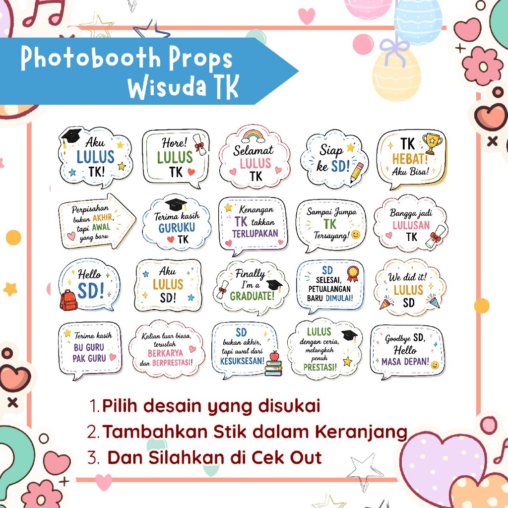 Photobooth Props Wisuda TK SD Kartu Lucu Motif Graduation, Lulus, SD, TK, SD