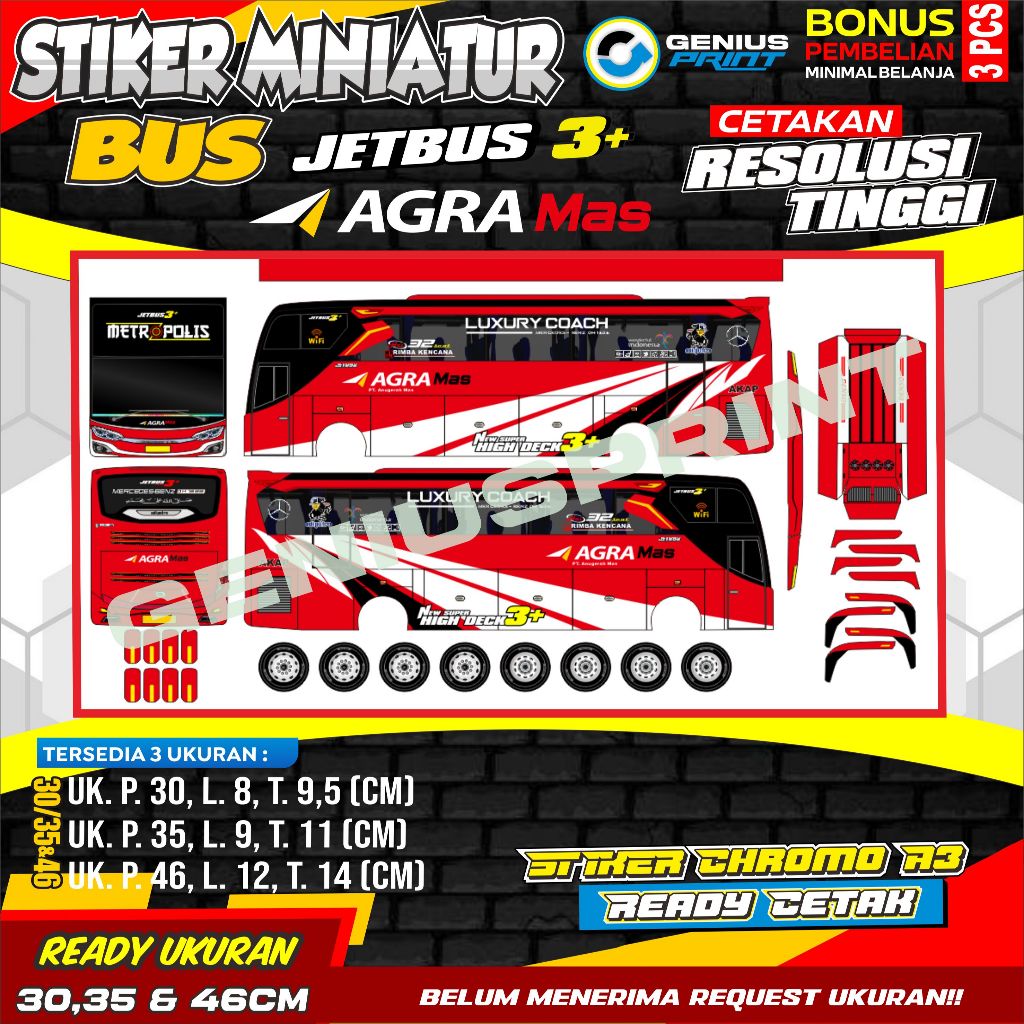 Stiker model miniatur bus [ JETBUS 3+ ] Livery Agra Mas | Sahabat | Dewi Sri | Goodwill | Kramat Dja
