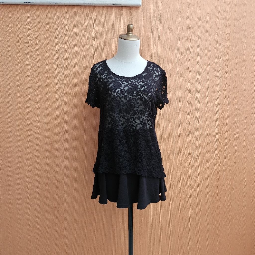 atasan wanita brokat hitam NEW DIRECTIONS cewek L lengan pendek MEWAH