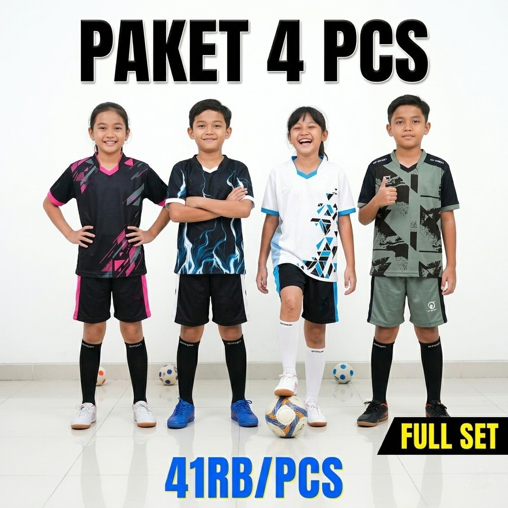 Paket Hemat 4 Pcs Jersey Bola Anak Full Set Baju Futsal Murah Dryfit Umur 5-12 Tahun