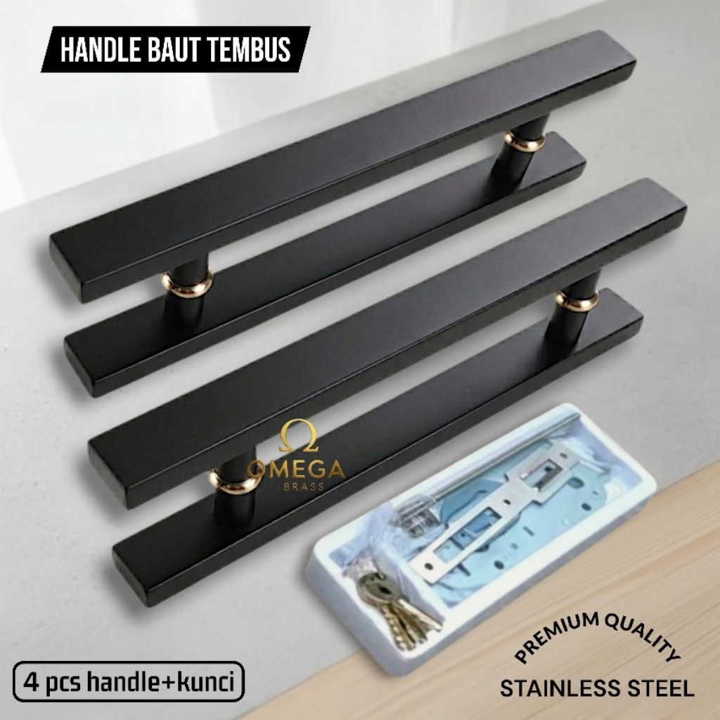 Handle pintu rumah baut tembus full hitam/gagang pintu rumah minimalis