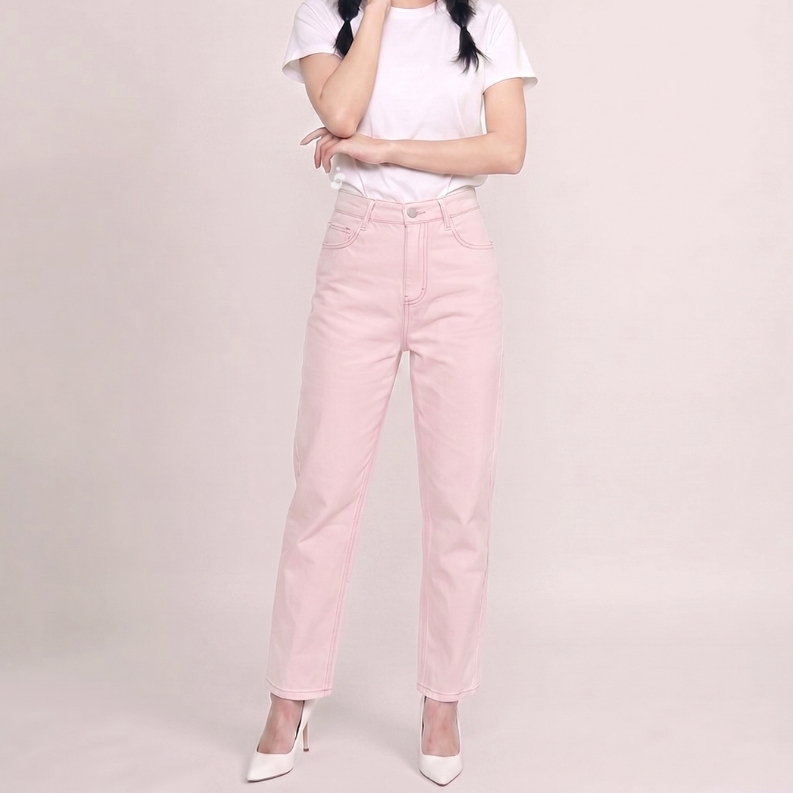 Shenelin - Celana Jeans Baggy Wanita High Waist Pink Ringan Nyaman Coral Jeans