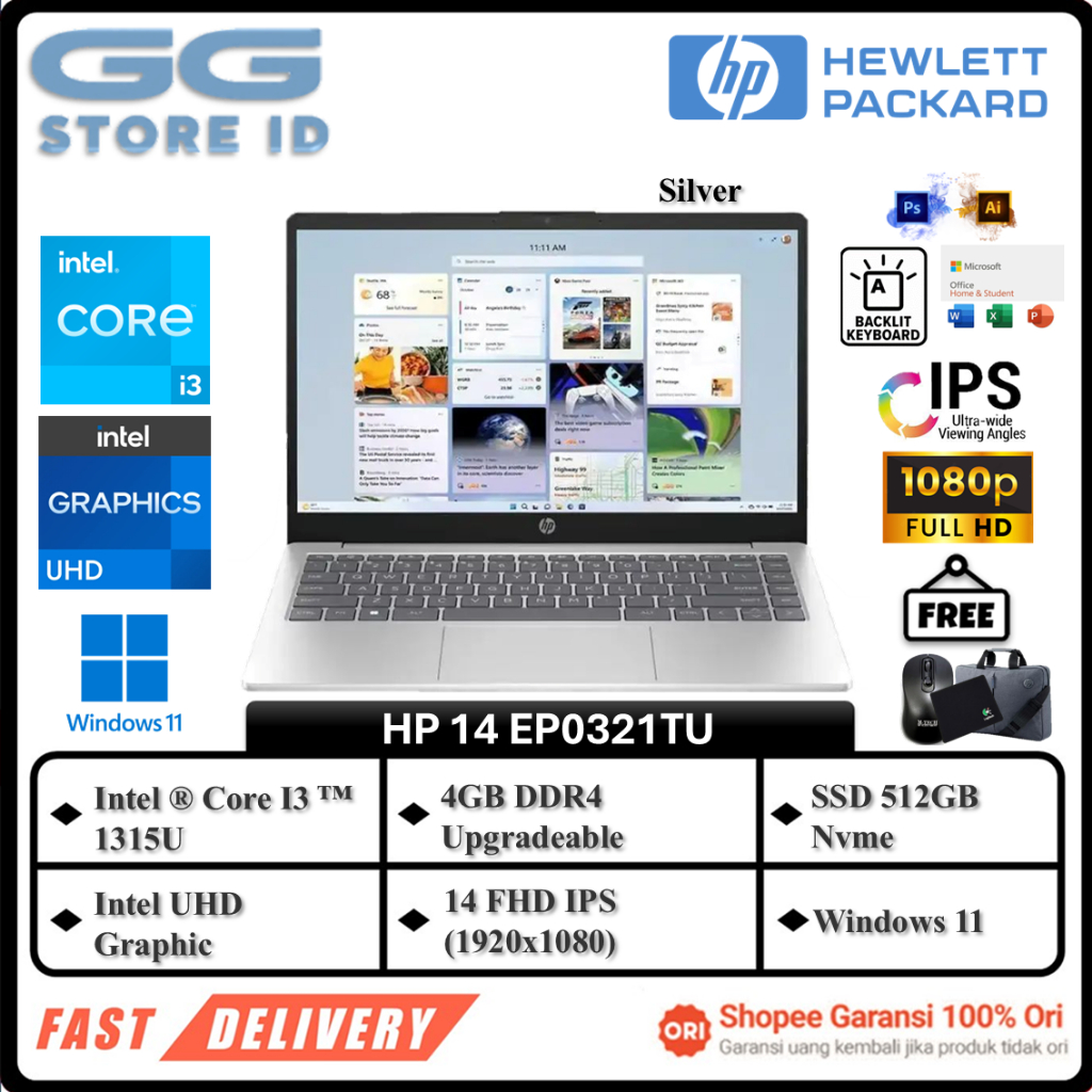 Laptop Murah Slim HP 14S EP0321TU Intel Core I3 1315U RAM 20GB 512GB UHD 14.0 FHD IPS BL Win11 Ohs
