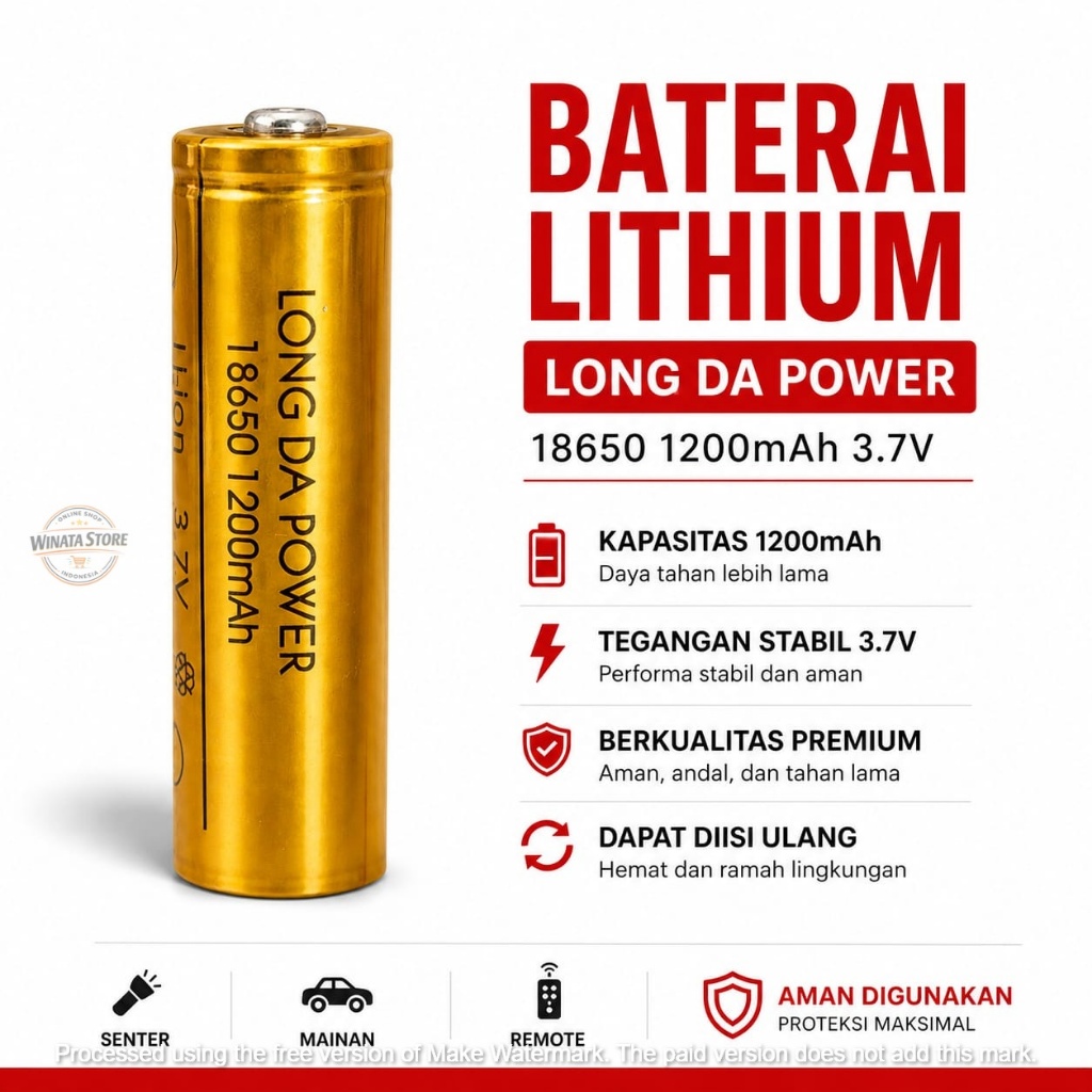 BATERAI CAS ORIGINAL BATTERY LONGDA POWER 18650 GOLD 3.7 VOLT 1200 mAh