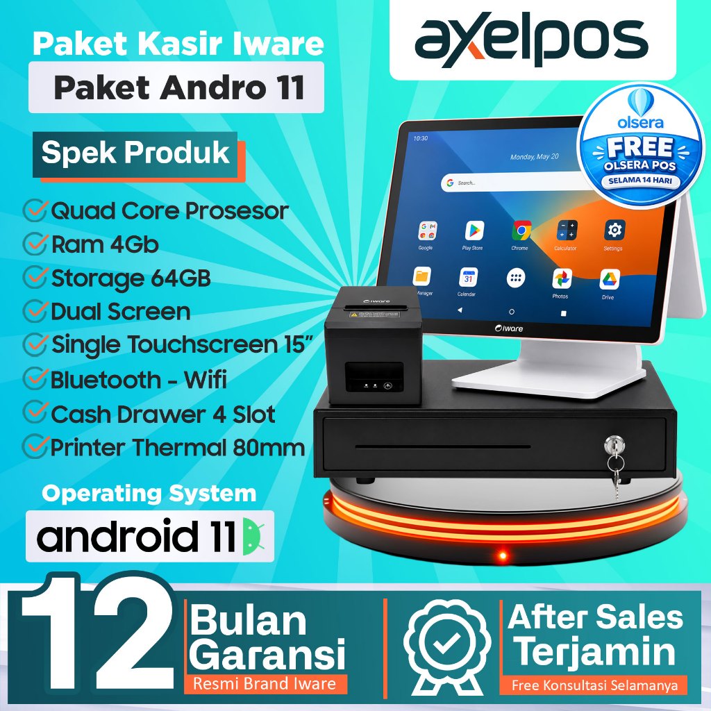 Paket Full Set Kasir Android IWARE PXA02D Dual Screen POS + Printer Thermal 80mm + Cash Drawer
