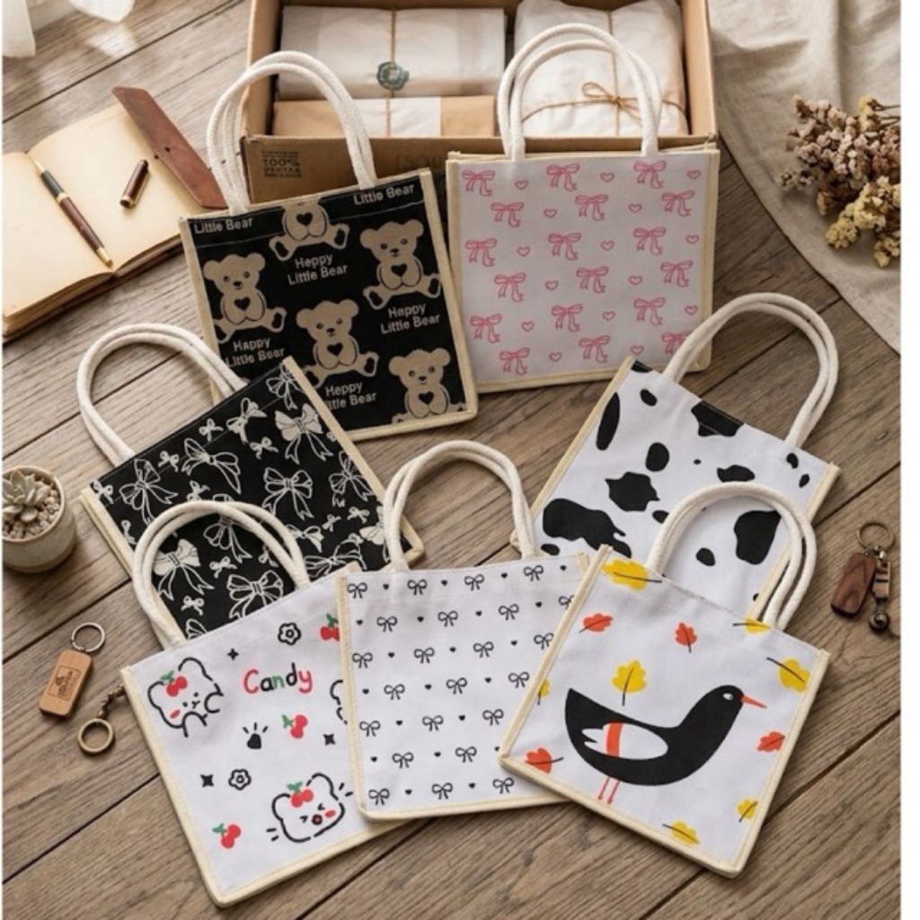 Totebag sumbu jelita Totebag sumbu karakter lucu Totebag kanvas tali sumbu