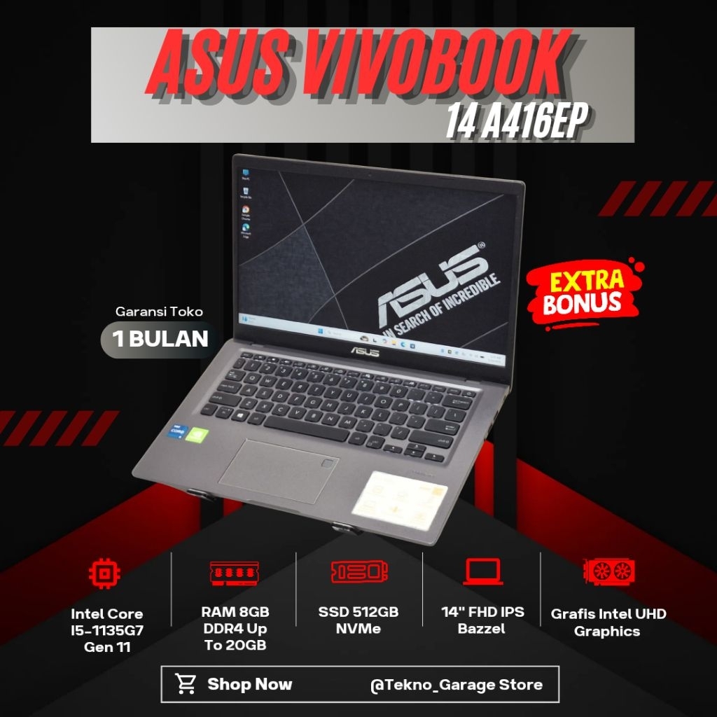 Laptop ASUS VIVOBOOK 14 A416EP CORE I5-1135G7 RAM 8GB SSD 512GB NVIDIA MX 330 14INCI FHD IPS Bazzel 