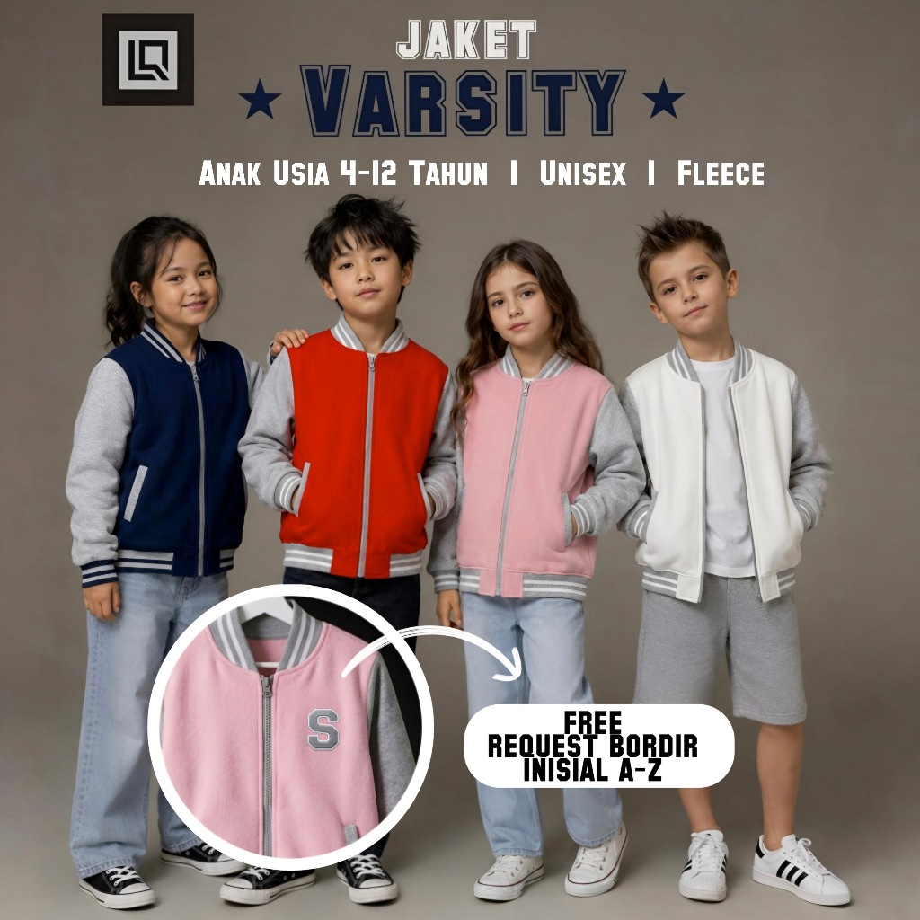 LQ KIDS Jaket Varsity Anak | Free Request Bordir Inisial A-Z | Unisex Cowok-Cewek | Usia 2 3 4 5 6 7