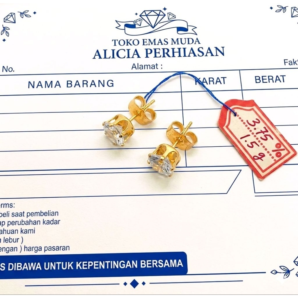 ANTING TUSUK PERMATA SATU PERHIASAN WANITA BERLAPIS EMAS MUDA FREE SURAT NOTA DARI TOKO
