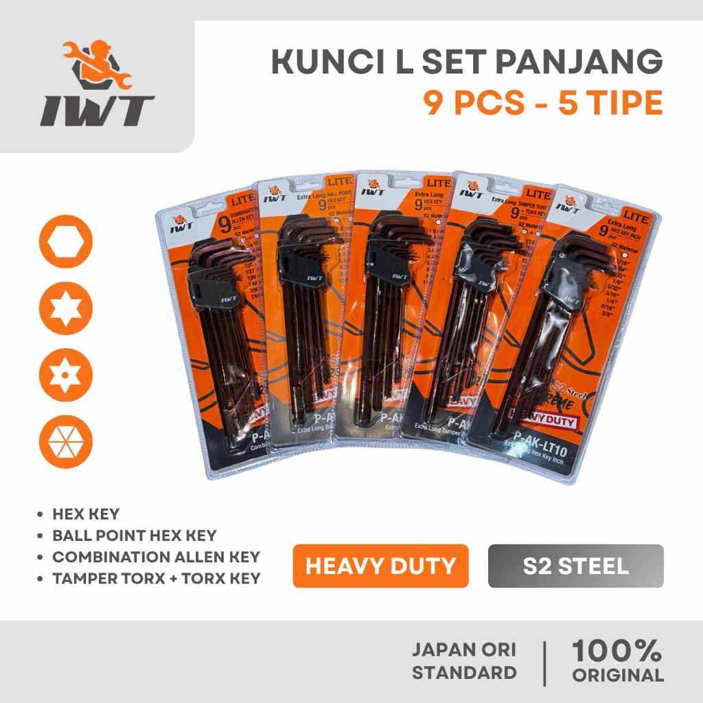Kunci L set panjang 9 pcs S2 STEEL IWT JAPAN HEX-HEX/FLAT-BALL/TORX-TORX/FLAT-TORX EXTREME HEAVY