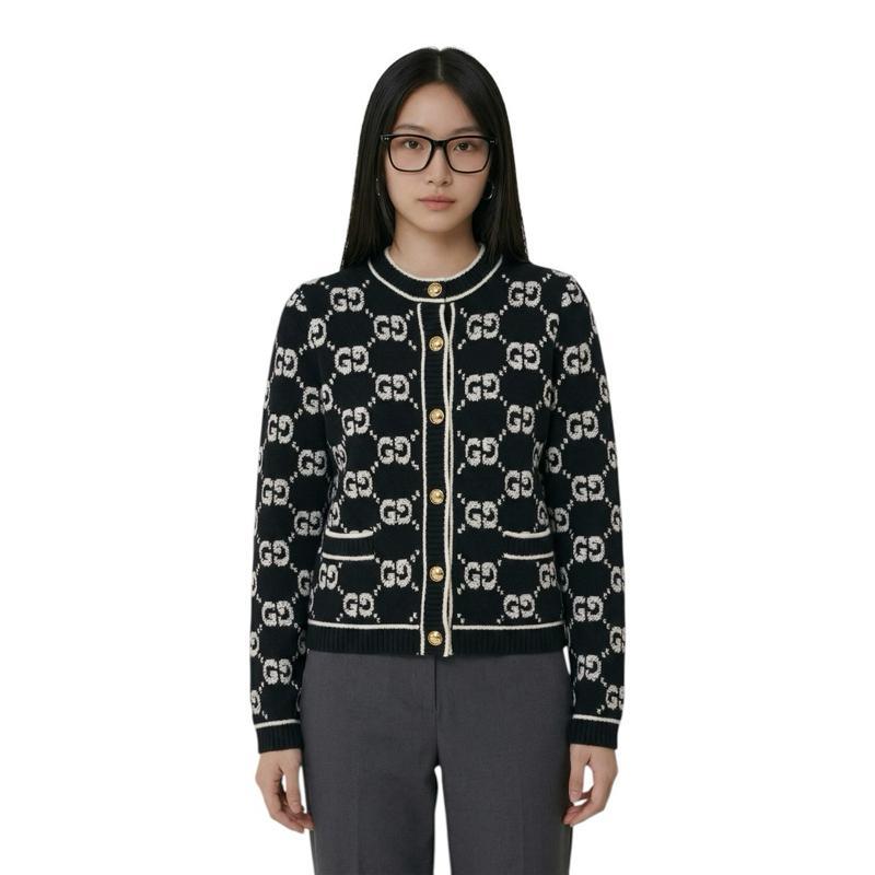 Damen Herren Cardigan Wool Knit Jacquard Allover Logo Black UCI