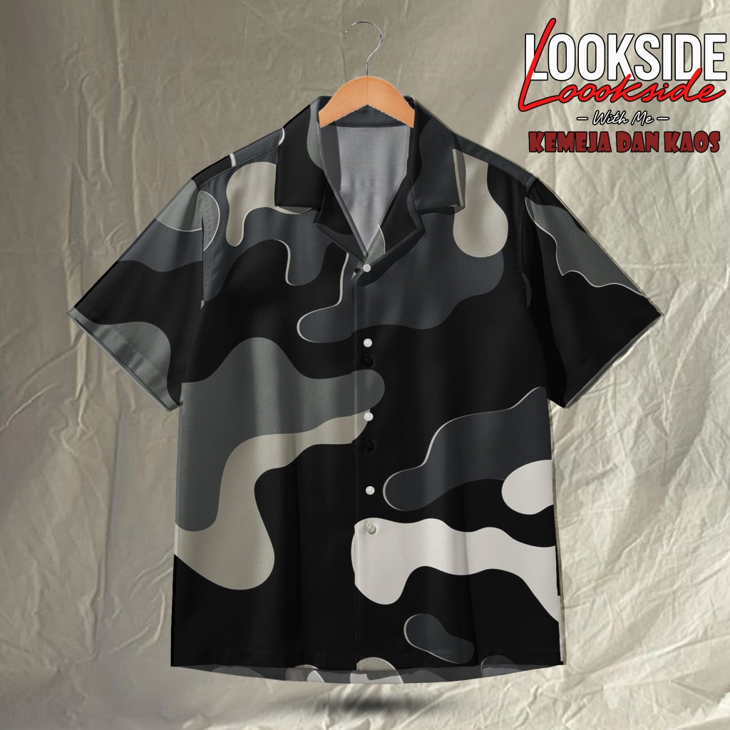 LOOKSIDE Kemeja Loreng Pria Camouflage Black Grey Baju Kemeja Kasual Fullprint | LOK273