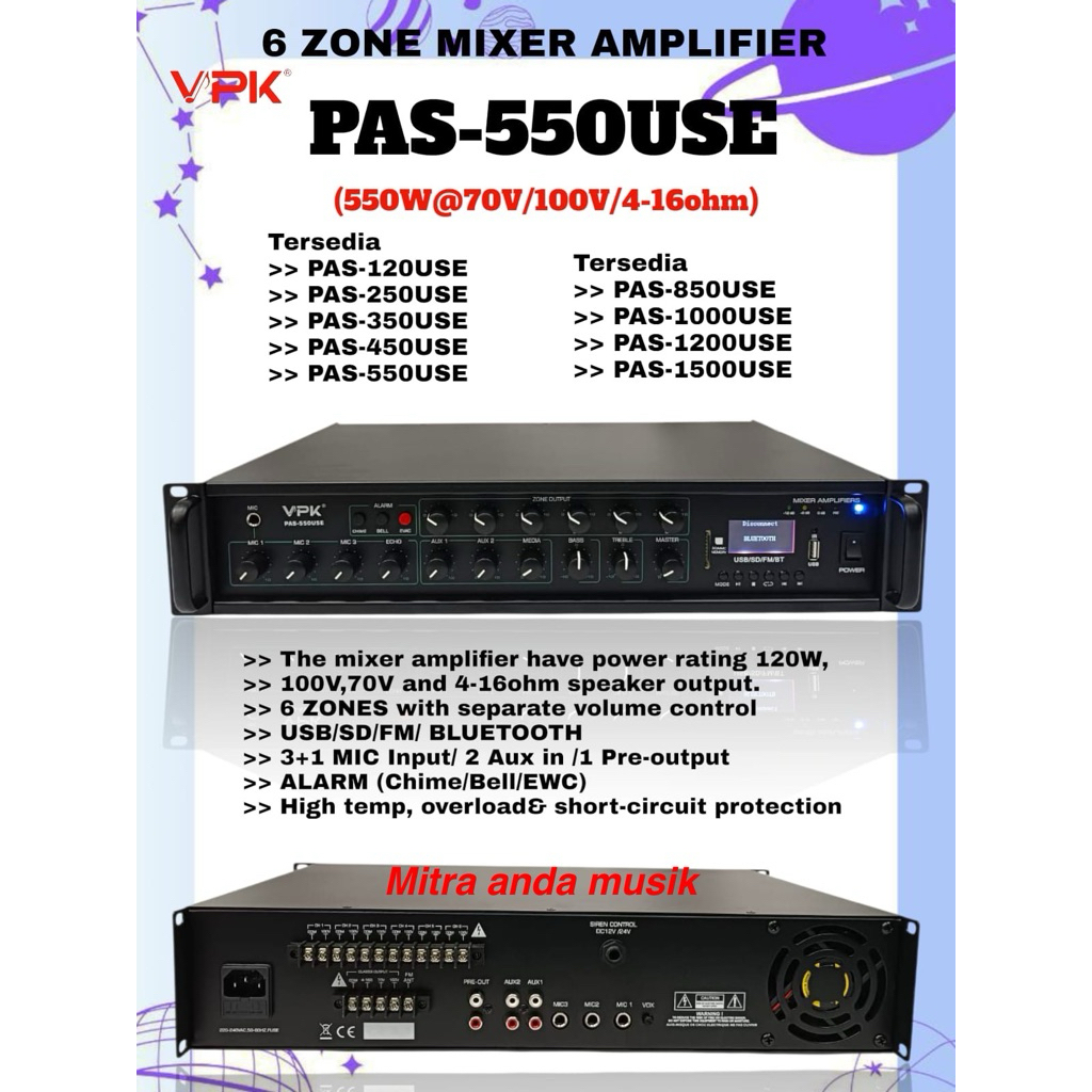 VPK Mixer Amplifier PAS-550USE pas550use 6 Zone 550W 70V 100V 4-16ohm dengan USB SD FM Bluetooth 3+1