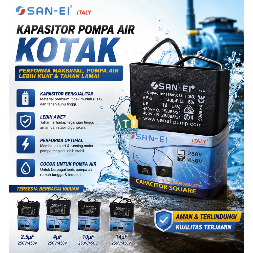 Kapasitor Pompa Air Kotak 6UF, 8UF, 10UF, 12UF, 14UF / San-ei