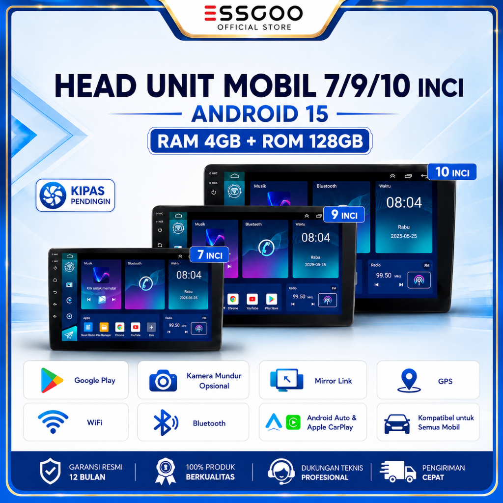 ESSGOO Head Unit Android 15 mobil 4G+128G 7/9/10 Inch Double Cooling Fan Kontrol Suhu Cerdas IPS Lay