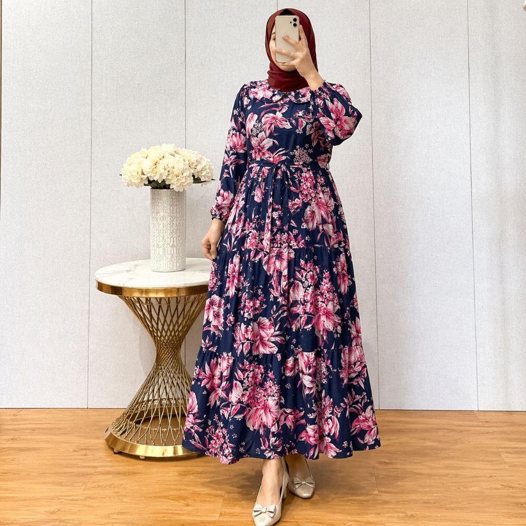 Dress Gamis Midi Rayon Viscose Premium Bestseller, Midi Flower Nhm – Dress Muslim Kekinian Lengan Pa