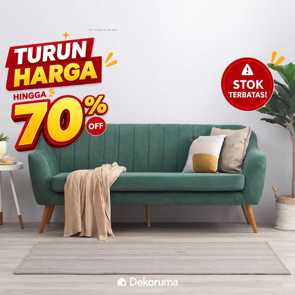 Dekoruma JUN Sofa 3 Seater Scandinavian / Kursi Tamu Sofa Minimalis Modern 3 Dudukan Kain - Hijau