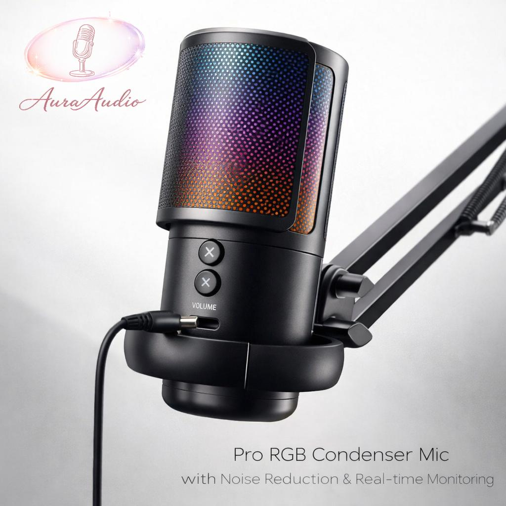 Mic Condenser RGB USB dengan Stand Arm untuk TikTok Live Podcast Gaming Streaming PC Laptop