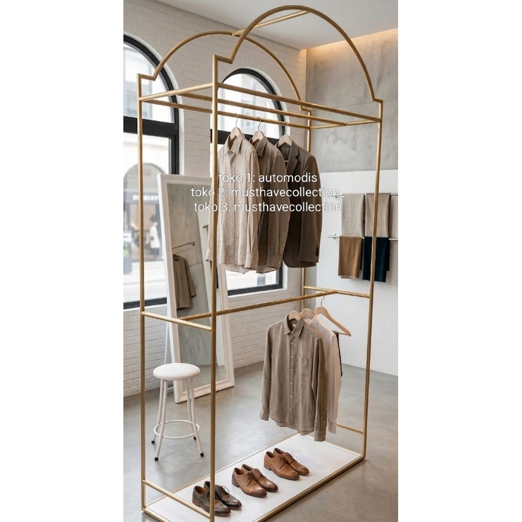 GAWANG BAJU BESI KOKOH KUAT DISPLAY PAKAIAN TIANG GANTUNGAN PAJANGAN EMAS GOLD ROSEGOLD CUSTOM INTER
