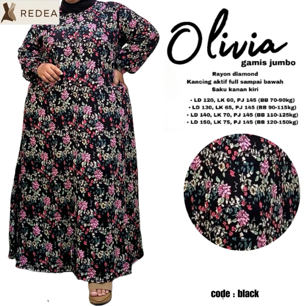Gamis Wanita Muslimah Olivia Jumbo Maxy Dress Bahan Rayon Diamond Motif Bunga LD120 130 140 150