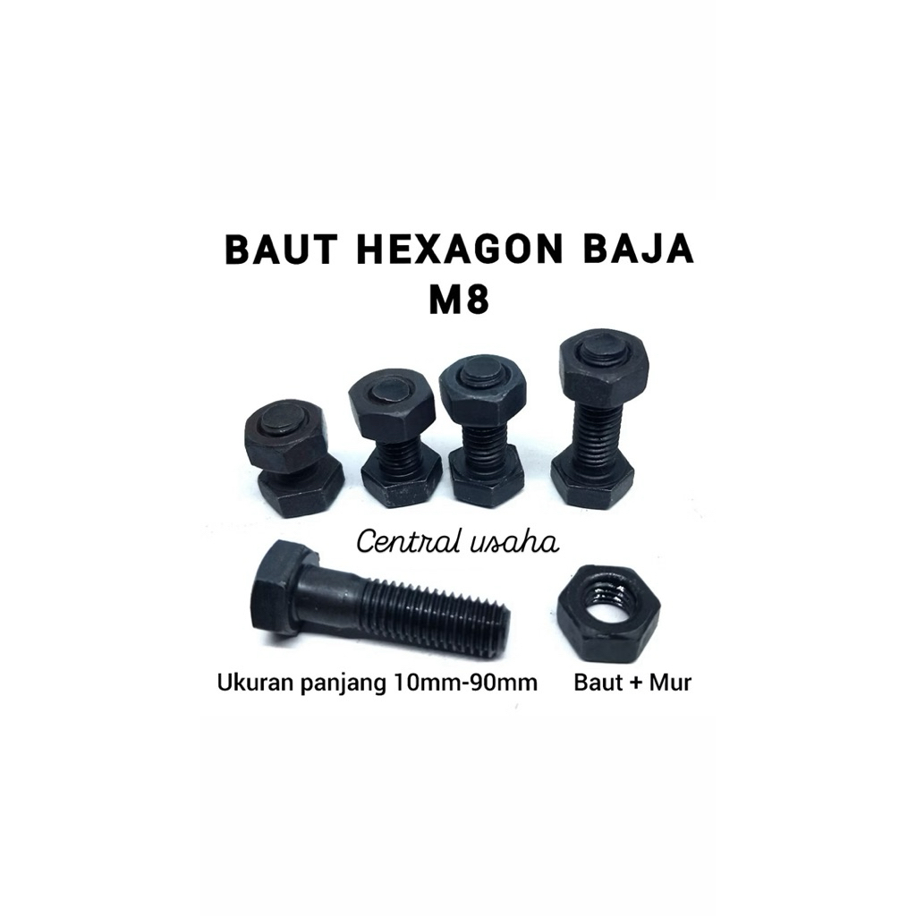 100 Pcs Baut Mur Hexagon Baja M8 kunci 13 ukuran panjang 10mm sampai 90mm hitam.