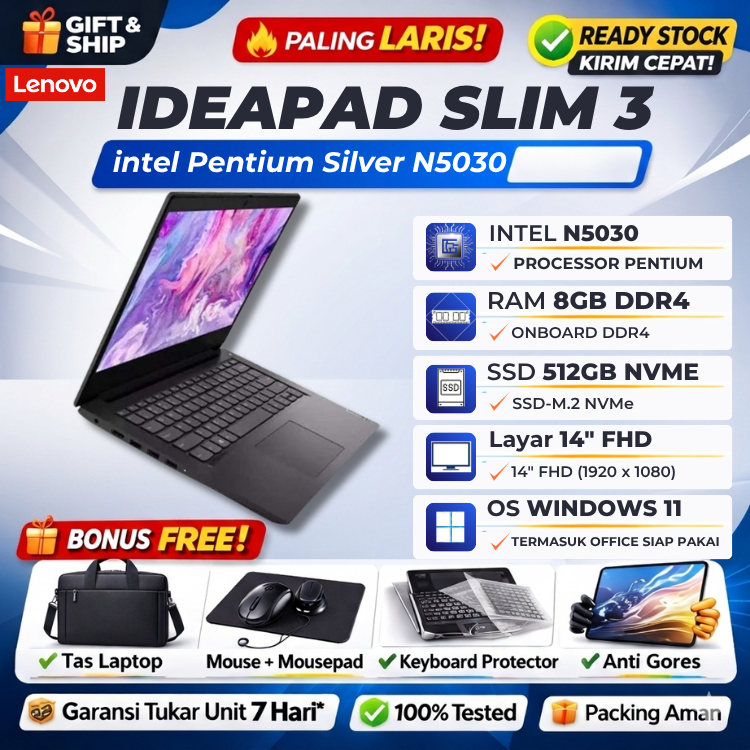 LENOVO IDEAPAD SLIM 3 intel PENTIUM SILVER N5030 8GB 512GB SSD Win11+Office 14"FHD