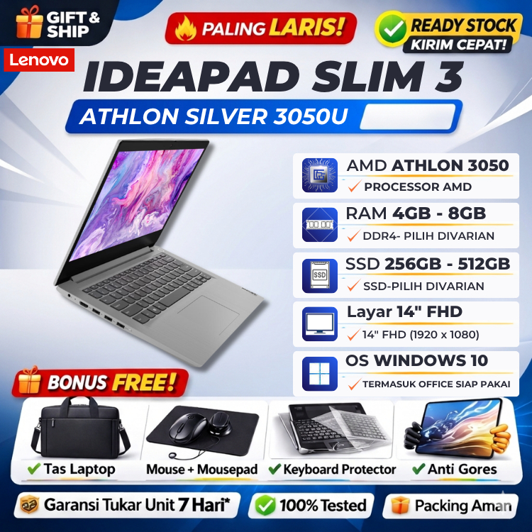 LENOVO IDEAPAD SLIM 3 AMD ATHLON SILVER 3050U 8GB 512GB SSD Win11+Office 14"FHD