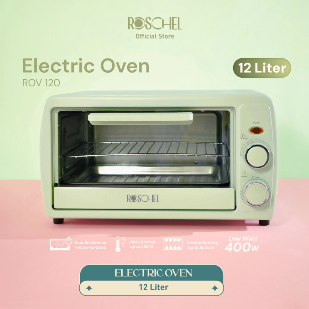 Roschel ROV-12- Oven Listrik Mini 12L - Pemanas Ganda Atas Bawah Hemat Tempat Low Watt Garansi
