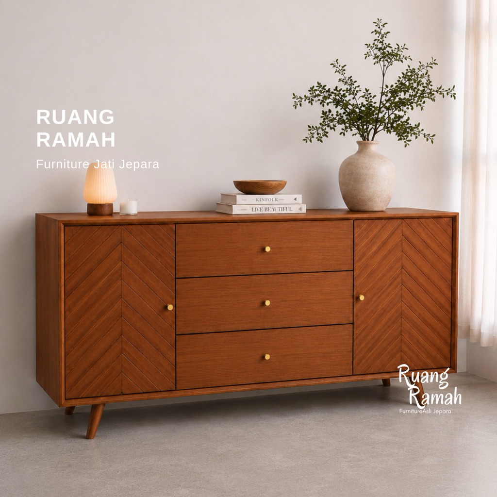 Credenza Kayu Jati Minimalis | Buffet TV Retro Modern | Sideboard Laci Serbaguna | Lemari Buffet Jat