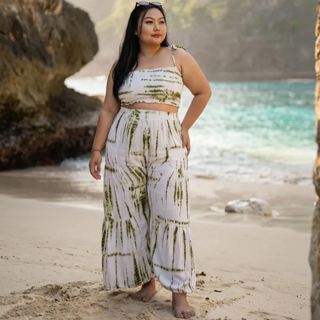 Setelan celana pantai jumbo rempel wanita oneset