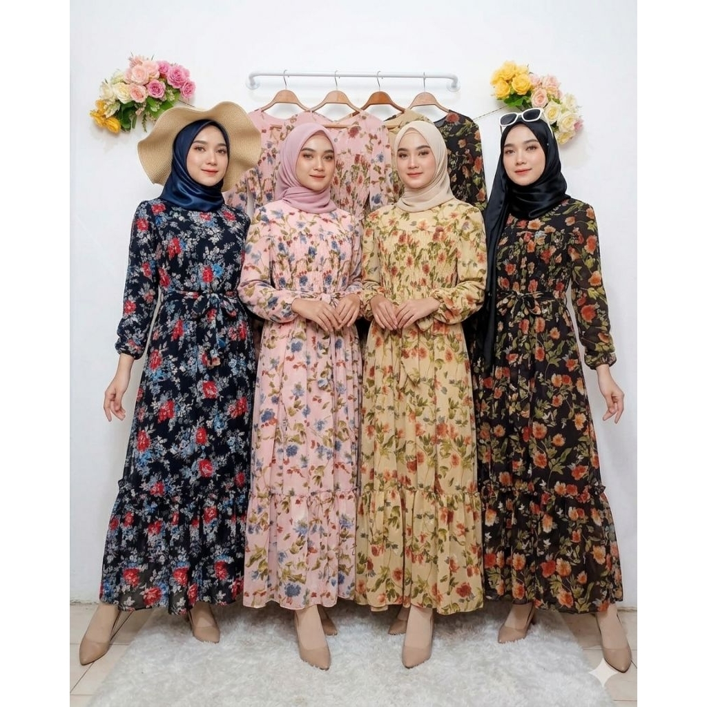 Maxi korean vintage Gamis Yuna Smoke Ceruty Import BKK 1642-D Bangkok