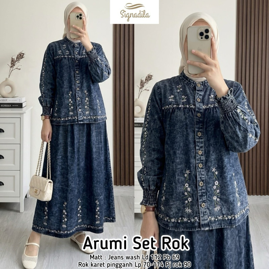 BISA COD // Arumi Set Rok by Signadila // Setelan Rok Jeans Motif Bordir