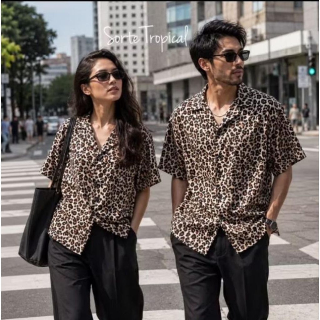 Kemeja Hawaiian pria wanita wanita RAYON PREMIUM Leopard