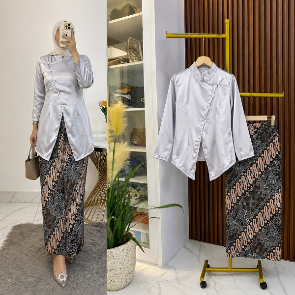 Setelan Kebaya Janggan Modern Satin Velvet Polos Premium Kombinasi Rok Katun Batik Span Halus Set Ko