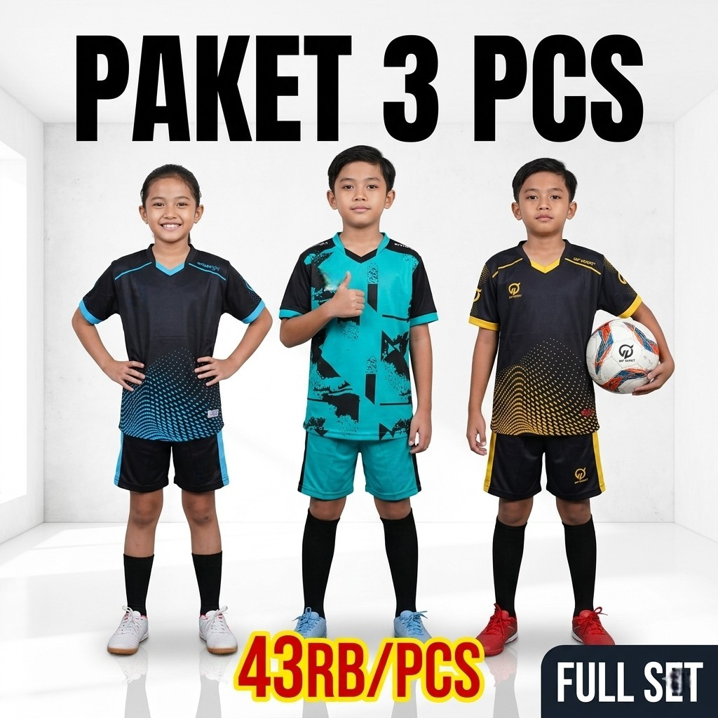 A'RAF Paket Hemat 3 Pcs Jersey Anak Futsal Sepak Bola Setelan Baju Olahraga Junior Umur 5 - 12 Tahun