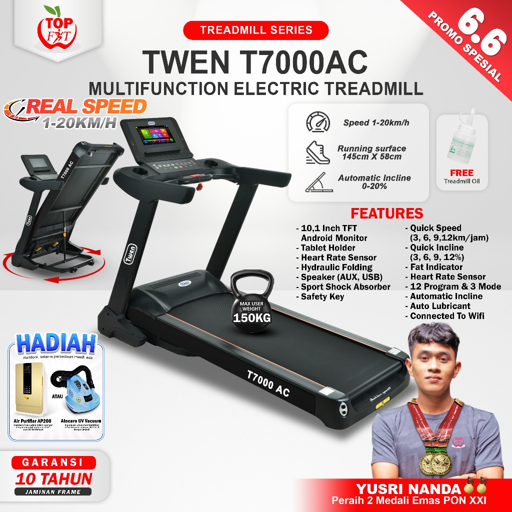 TWEN T7000AC Treadmill Listrik Treadmill Portable Treadmill Multifungsi Treadmil Lipat Alat Olahraga