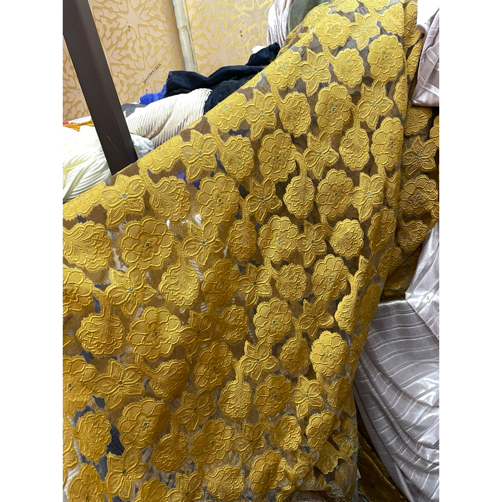 Bahan kain/organza printing/bordir motif/organza bunga/motif kembang timbul