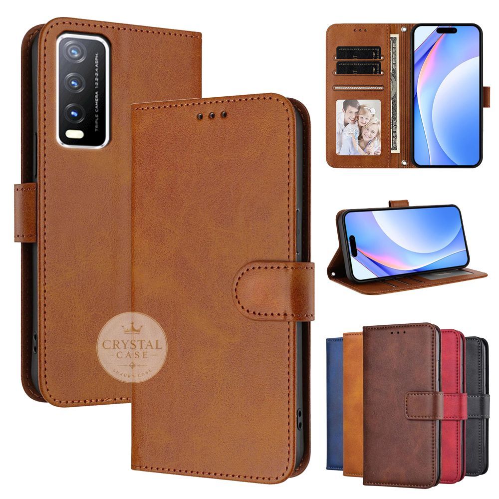 Leather Flip Wallet Case Vivo Y20/Y20s/Y20i/Y12s + Anti Gores Anti Spy/Intip