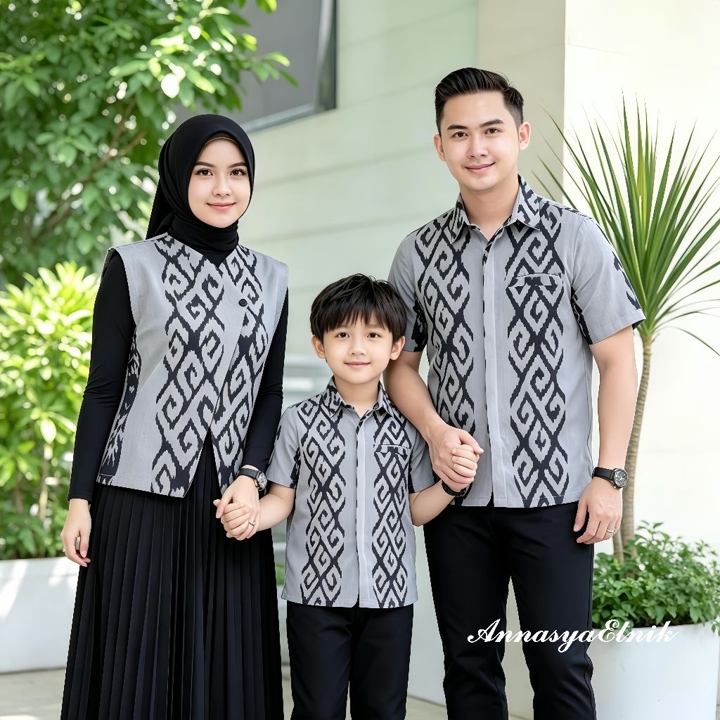 Set Couple Keluarga_Kemeja Batik Tenun & Rompi Wanita Yura Vest Tenun Etnik & Kemeja Batik Tenun Ana
