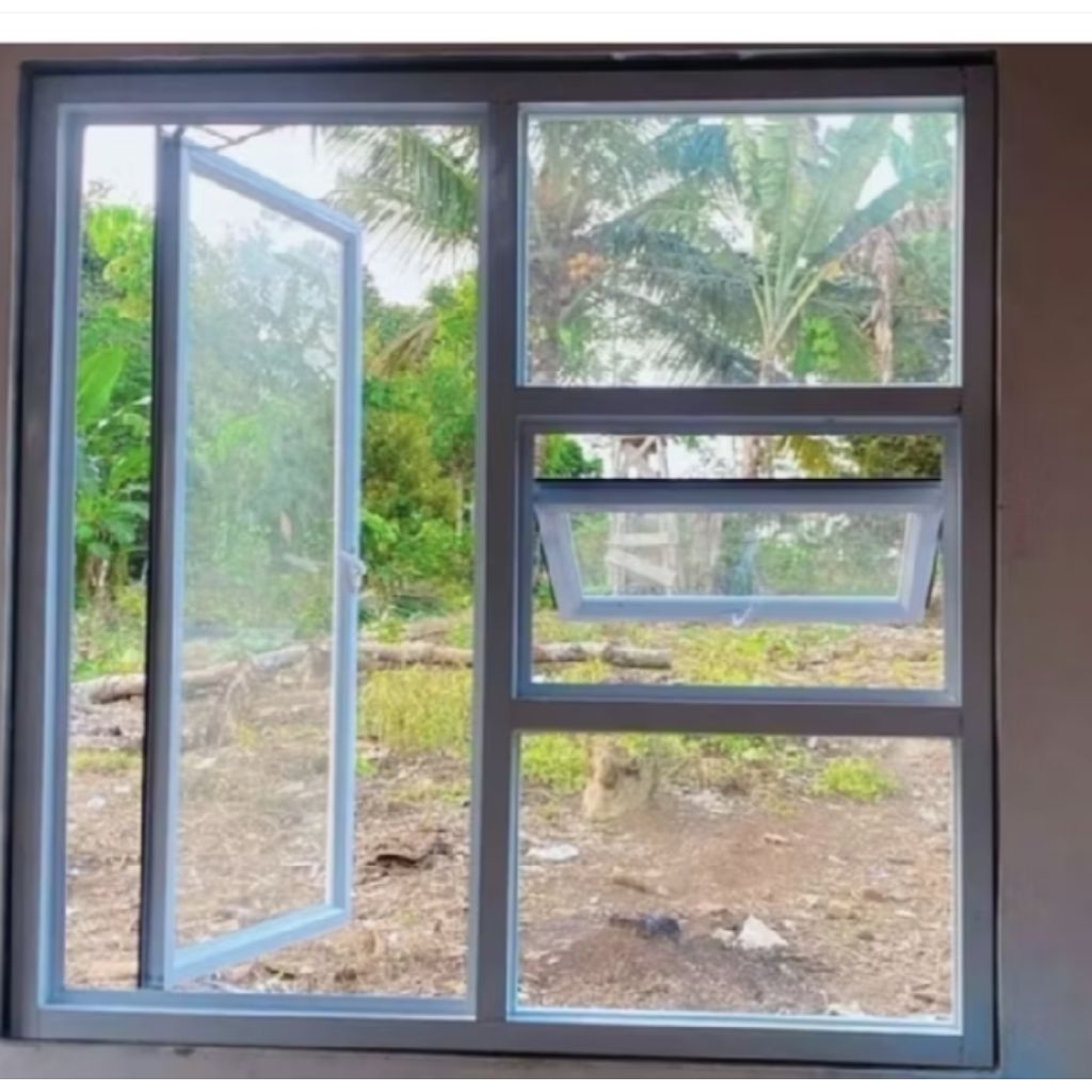 jendela aluminium+kusen 3 inch,2 bukaan,2 kaca mati.GRATIS PACKING KAYU DAN BAUT FISHER untuk pemasa