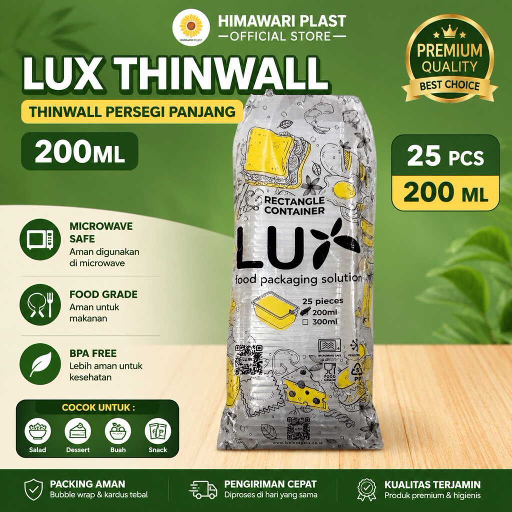 THINWALL LUX SQUARE 200ML-THINWALL PLASIK BOX MIKA PLASTIK PERSEGI PANJANG 200ML ISI 25PCS-WADAH PLA