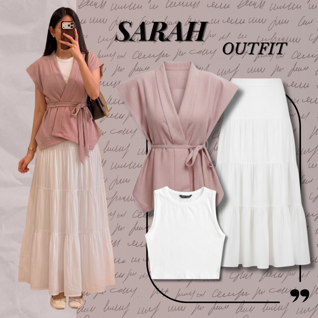 One Set SARAH 3in1 OTTD Korean look Non Hijab – Setelan Kekinian Crop Tanktop – Top Salur Vest – Rok