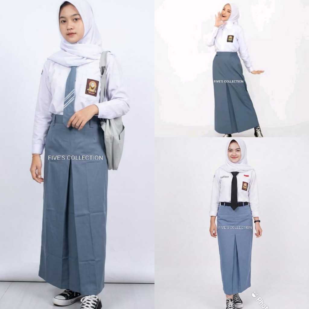 FIVES COLLECTION PROMO setelan seragam sekolah SMA PUTIH - ABU PEREMPUAN baju lengan panjang & ROK S