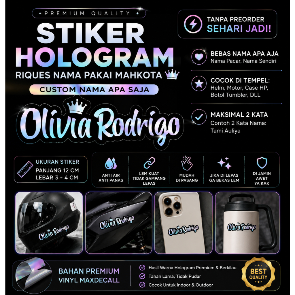 Sticker Hologram Custom Nama dan Logo Premium Vinyl Waterproof untuk Helm Laptop Motor