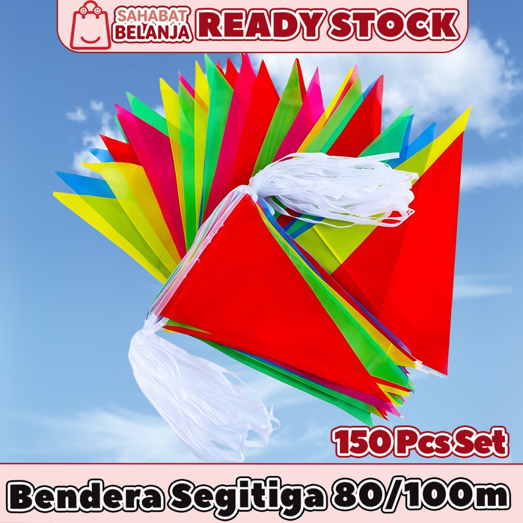 150pcs Bendera Hias Segitiga 80M 100M Polyester Premium Double Side Cetak Tajam Anti Air UV Merah Pu