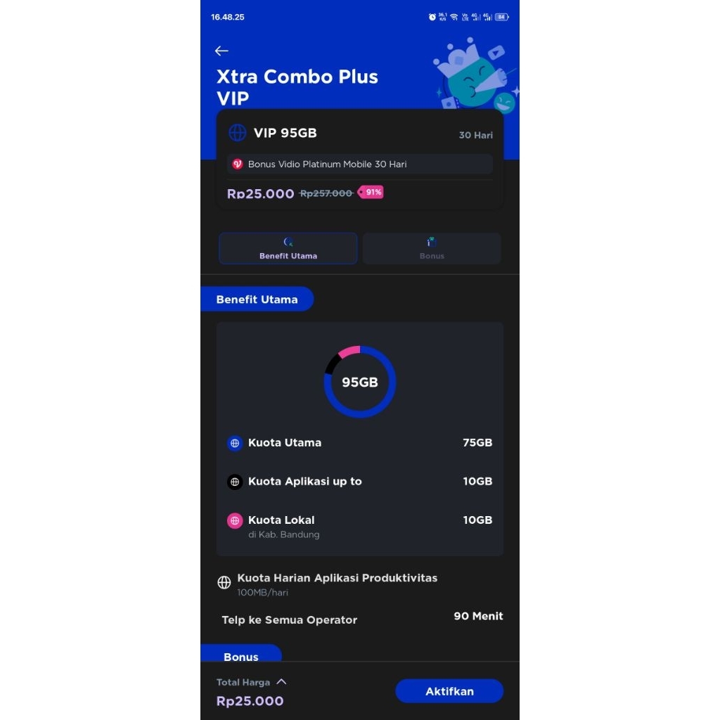 perdana xl DISKON 90% (XTRA COMBO VIP PLUS 75GB 25.000) | sudah aktif