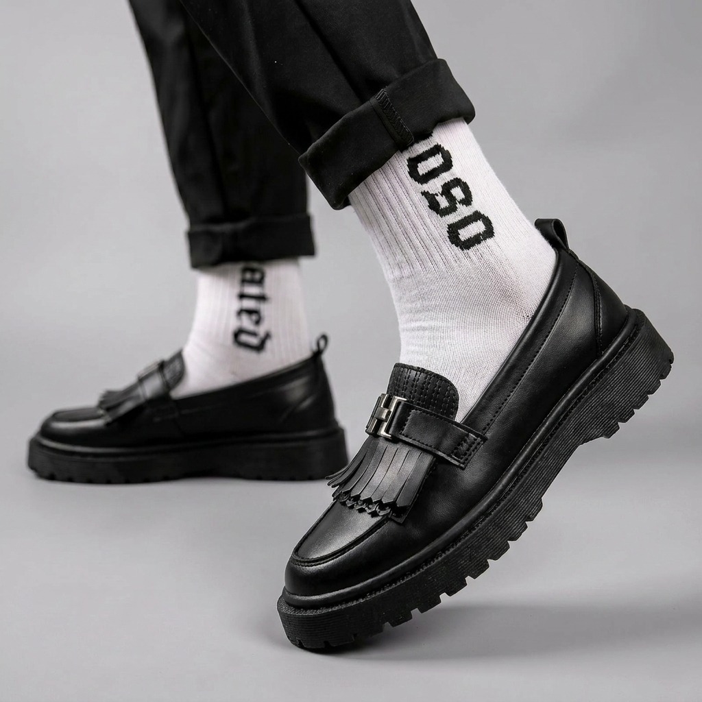 Sepatu Formal Loafers Hitam Kerja Pria Chunky Sole Tebal